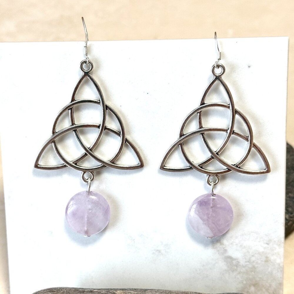 2/$20, Genuine Amethyst Celtic Trinity Earrings, Gemstone & Sterling Silver Hook